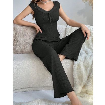 Cralom Short Sleeve V-Neck Top & Comfy Pants Set - Women's Lounge Sleepwear