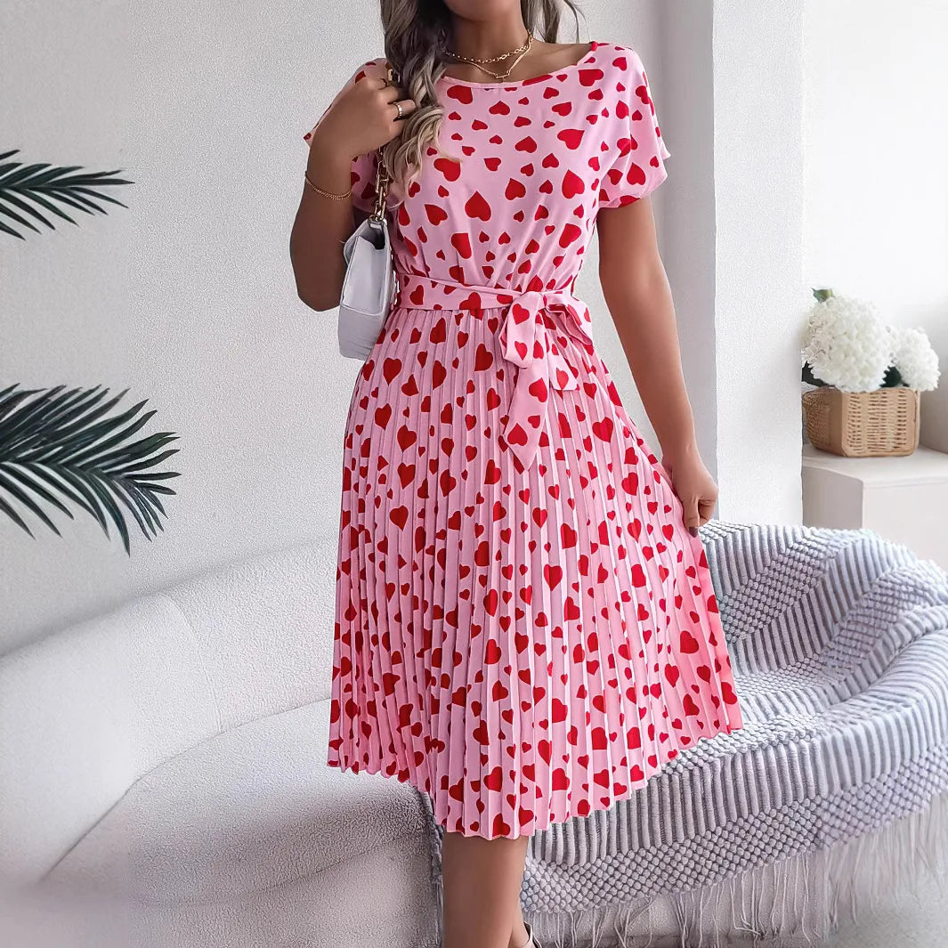 Cralom Heart Short Sleeve Waist Cinched Pleated Dress, Summer 2025