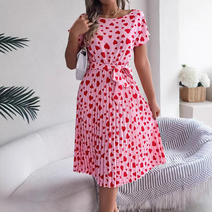 Cralom Heart Short Sleeve Waist Cinched Pleated Dress, Summer 2025