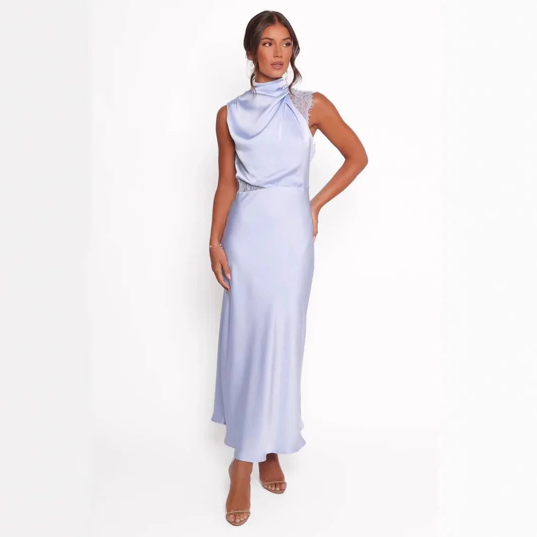Cralom Solid Color Lace Dress with Hanging Neck and Waist for Women