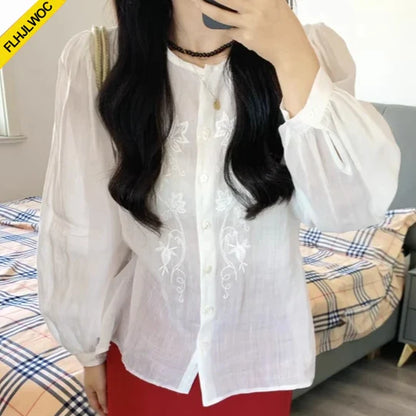 Cralom Embroidered Mesh Sheer Blouse - Women's Stylish Transparent Top