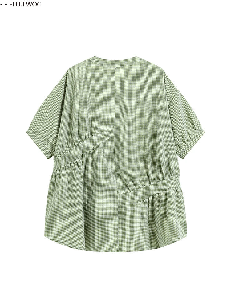Cralom Retro Vintage Plaid Green Button Blouse Summer Casual Short Sleeve