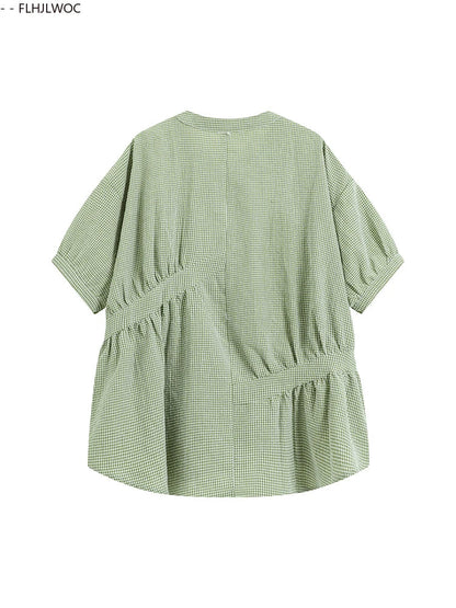 Cralom Retro Vintage Plaid Green Button Blouse Summer Casual Short Sleeve