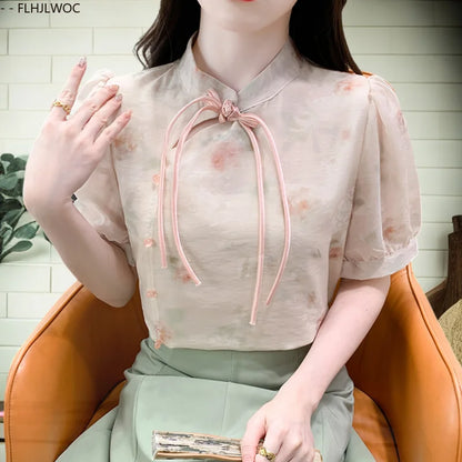 Cralom Floral Print Button Blouse Cute Retro Short Sleeve Tie Top