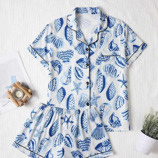 Cralom Shell Print Pajama Set: Short Sleeve Top & Soft Elastic Shorts