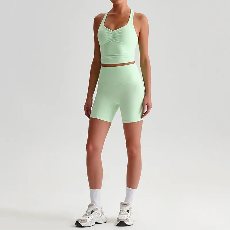 Cralom Women's Naked Feel Yoga Set with Backless Sports Bra and Butt Lifting Tight Shorts