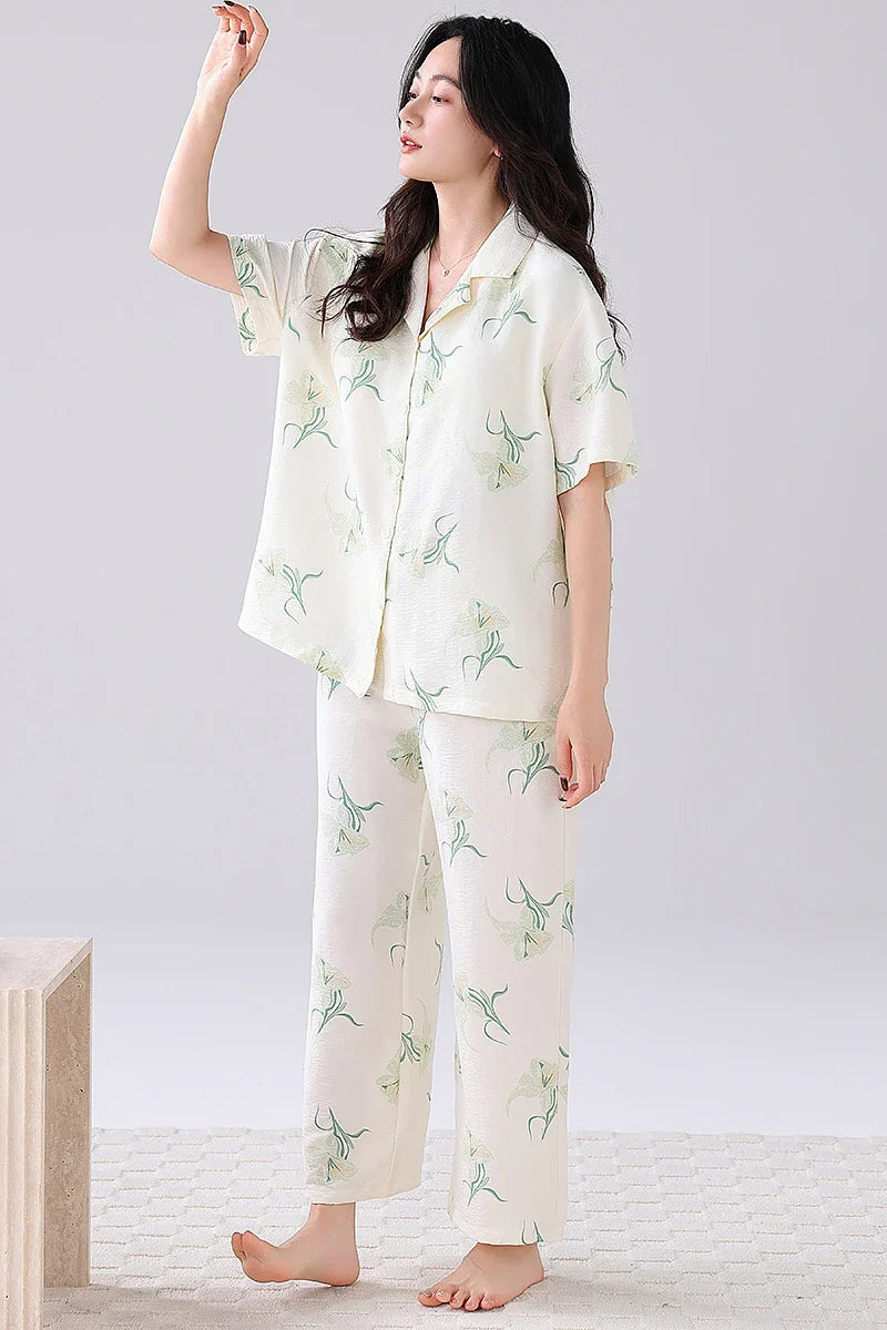 Cralom Soft Floral Print Pajama Set Short Sleeve Top Bra Inside Pant Comfort Sleepwear