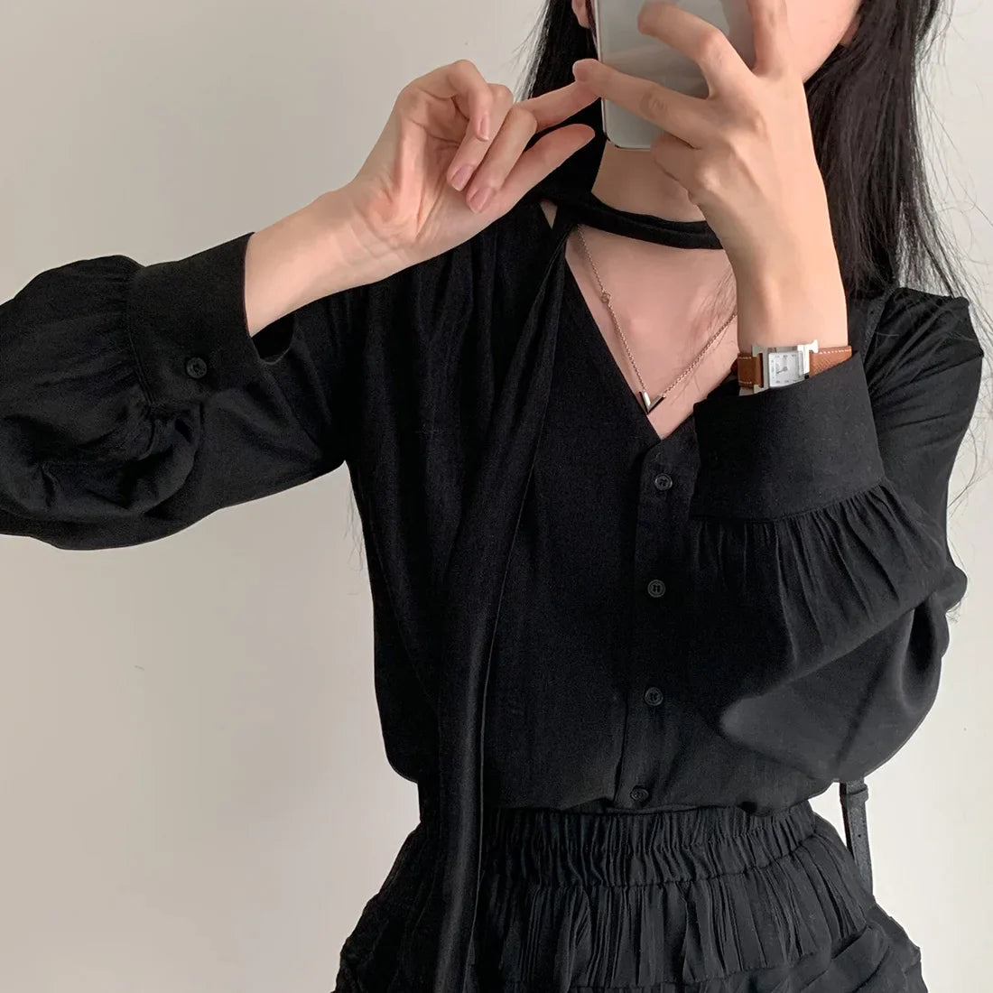 Cralom Classic Black Bow Tie Blouse Elegant Office Style Ruffled Long Sleeve Top