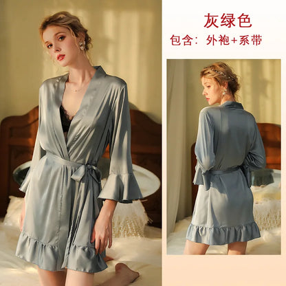 Cralom Sexy Silk Pajama Set: Stylish Lotus Leaf Cuff Robe & Nightgown Combo