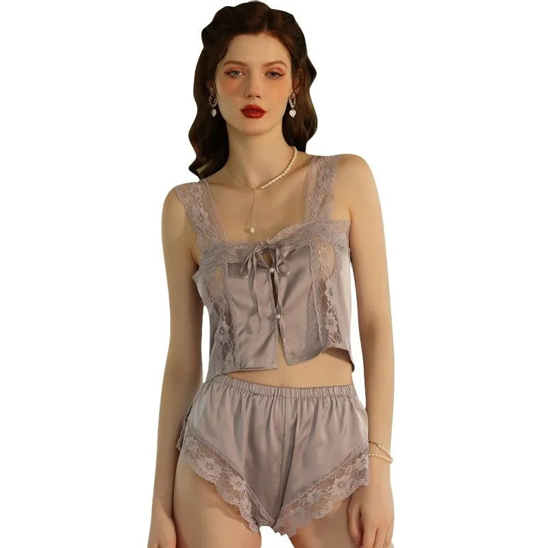 Cralom Lace Detail Ice Silk Pajama Set