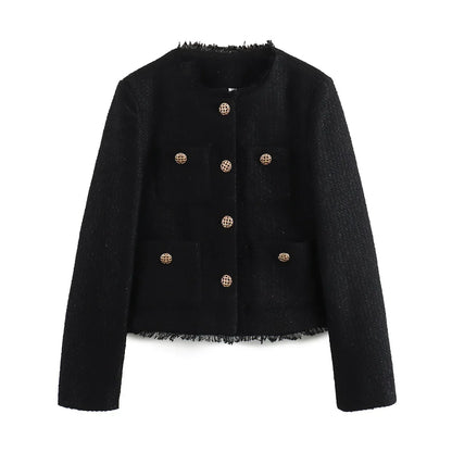 Cralom Solid Spliced Button Short Coat O Neck Long Sleeve Minimalist Women's Fashion