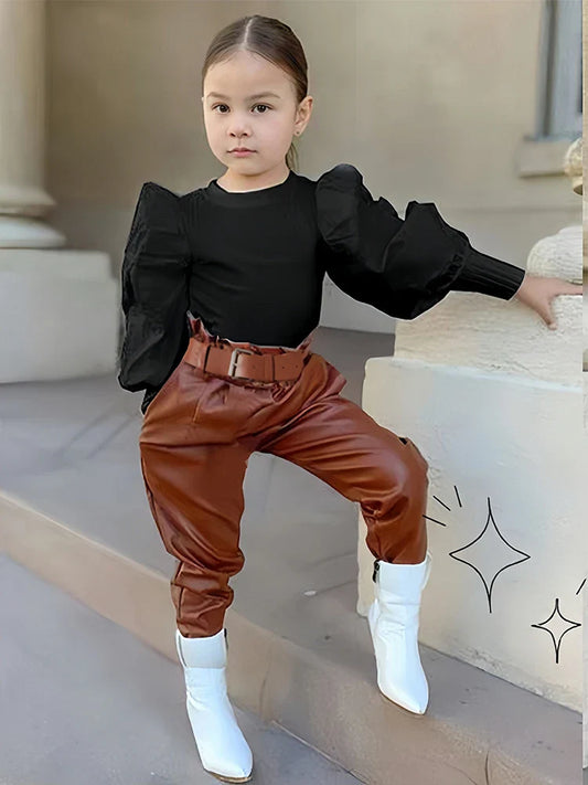Cralom 3pcs Girl’s Puff Sleeve Ribbed Top + PU Leather Pants + Belt Set