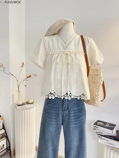Cralom Cute Bow Tie Lace Blouse Japanese Style Summer Top