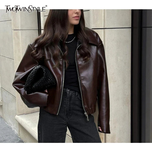 Cralom Short Zipper Jacket - Solid Spliced Loose Fit Coat
