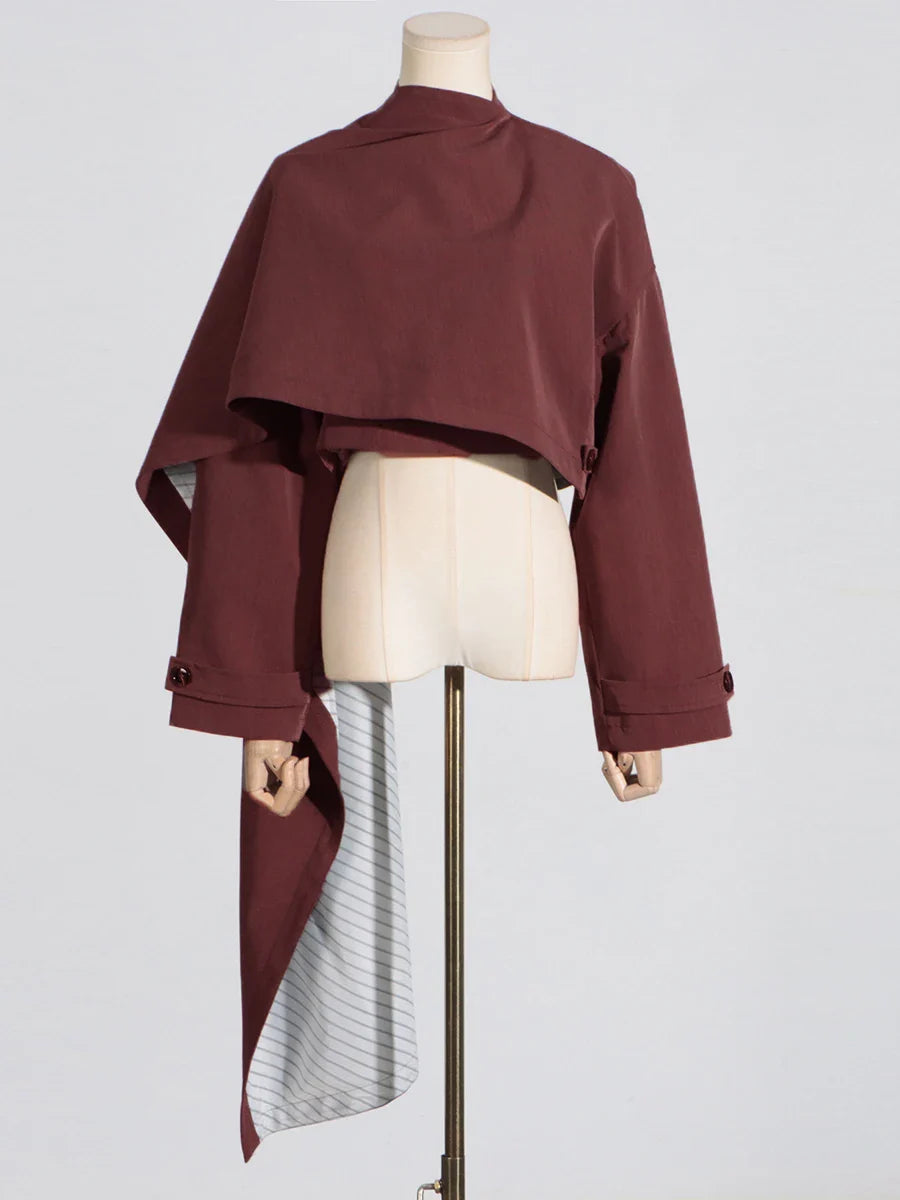 Cralom Chic Button Short Coat Turtleneck Asymmetrical Jacket