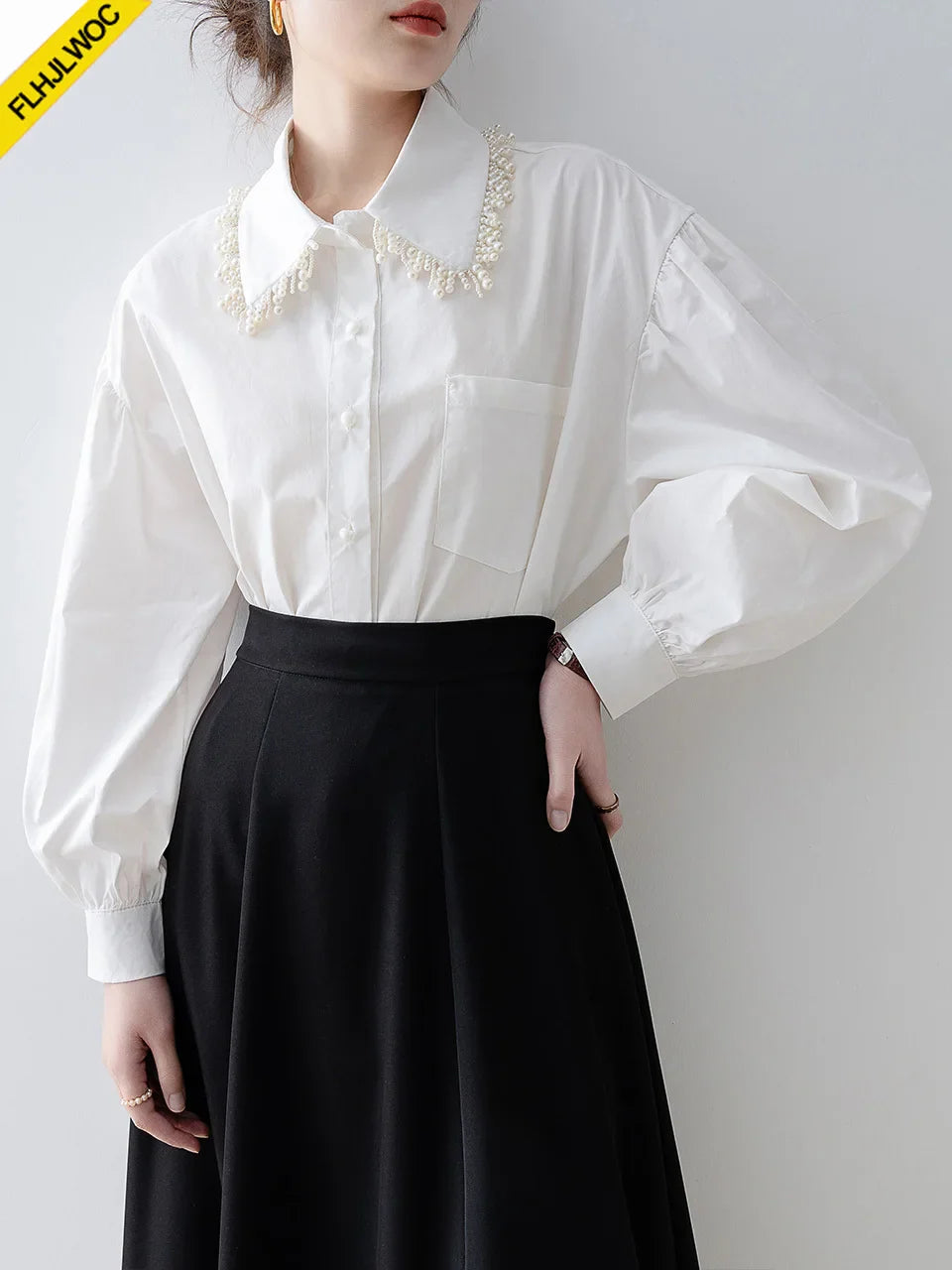 Cralom Ruffled White Blouse with Pockets & Beaded Detail