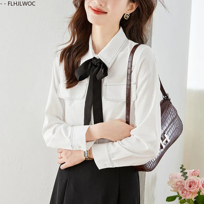 Cralom White Bow Tie Office Blouse Women's Workwear Office Chic Button-Up