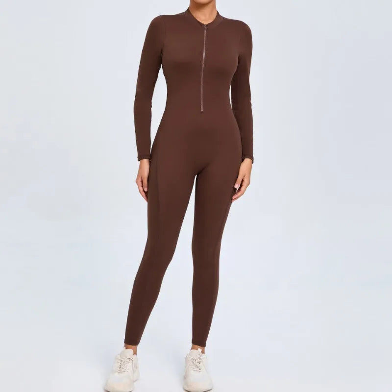 Cralom Seamless Long Sleeve Yoga Bodysuit with Back Cutout & Zipper