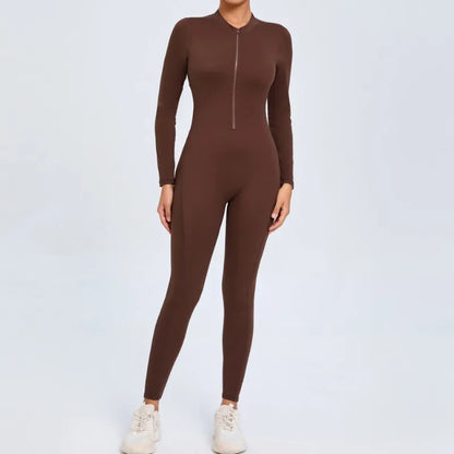 Cralom Seamless Long Sleeve Yoga Bodysuit with Back Cutout & Zipper