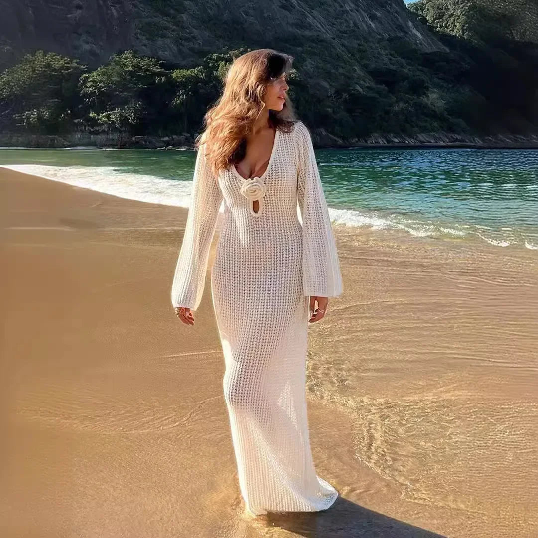 Cralom Women's V-Neck Knitted Maxi Dress