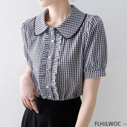 Cralom 2025 Summer Peter Pan Collar Plaid Top Retro Vintage Ruffles Button Blouse