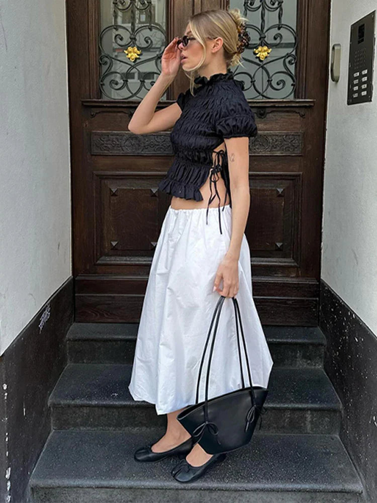 Cralom Lace Up Pleated High Neck Shirt - Vintage Style Slim Fit Top