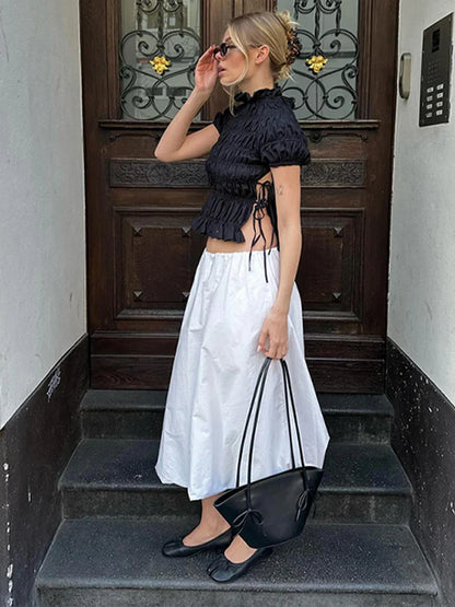 Cralom Lace Up Pleated High Neck Shirt - Vintage Style Slim Fit Top