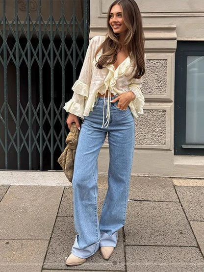 Cralom Ruffled Lace Up Blouse: Elegant Long Sleeve Loose Fit Shirt
