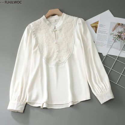 Cralom Women's Chinese Style Embroidered Long Sleeve Blouse Stand Collar Frog Buttons