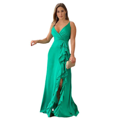 Cralom Summer Maxi Skirt Dress with Ruffle V-neck and High Waist