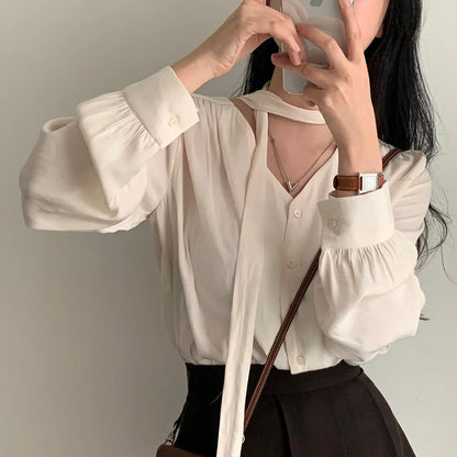 Cralom Classic Black Bow Tie Blouse Elegant Office Style Ruffled Long Sleeve Top