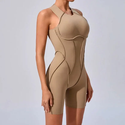 Cralom 3D Line Tight Yoga Jumpsuit Open Back Fitness Bodysuit Women