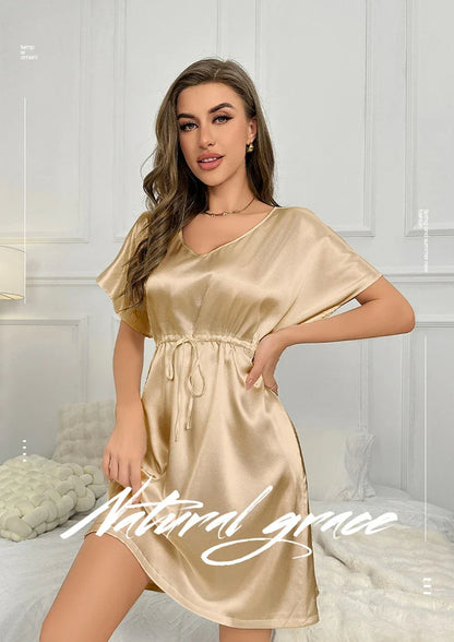 Cralom Satin Nightgown: Soft V-Neck, Short Sleeve, Loose Fit Sleepwear