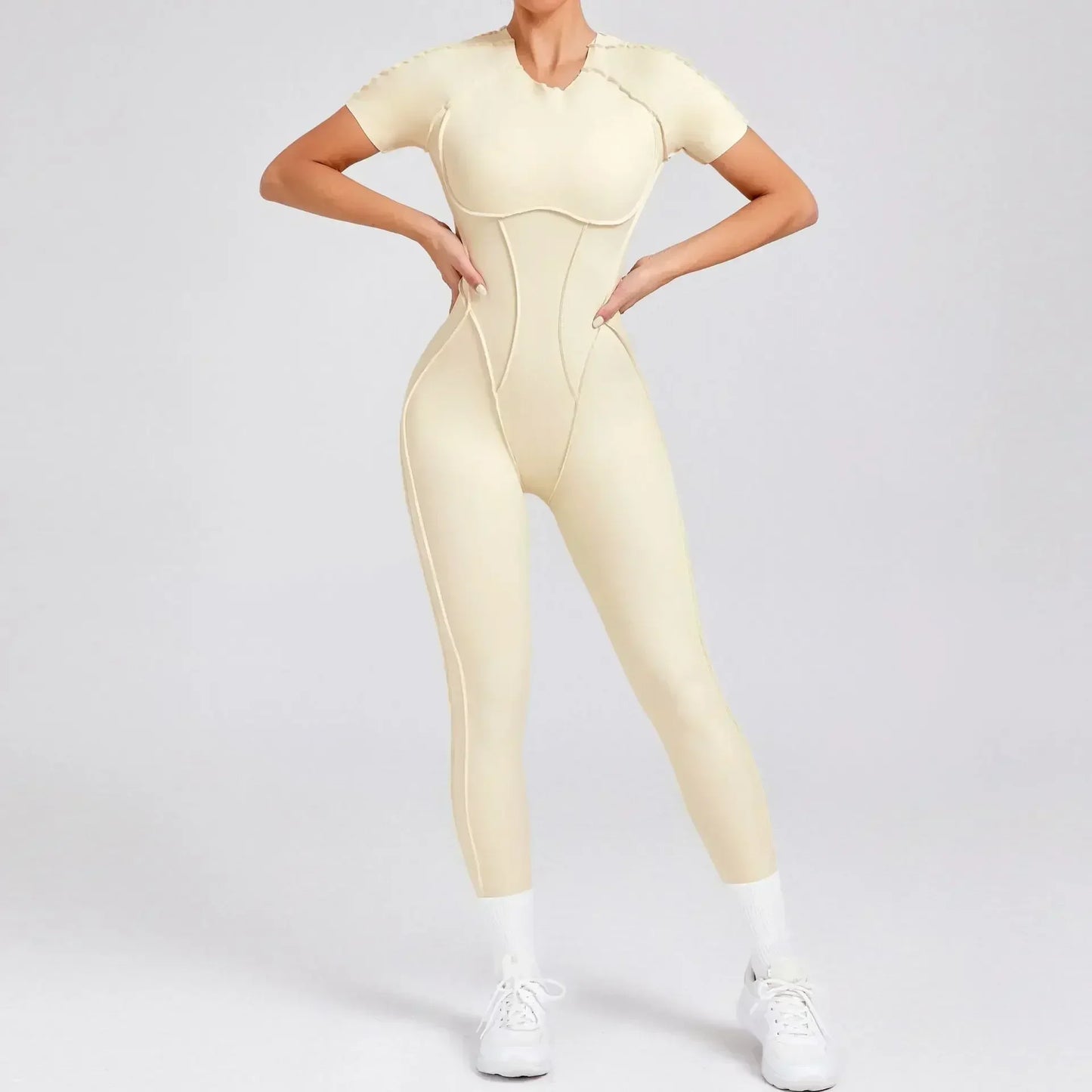 Cralom Seamless Yoga Jumpsuit Set for Women - Hip-lifting, Open Back, Short-sleeved