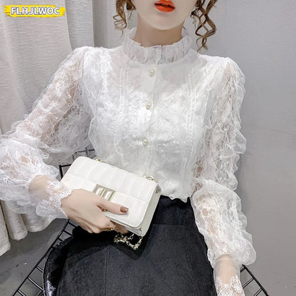 Cralom Women's Lace Ruffled White Turtleneck Blouse Elegant Office Lady Chic Top