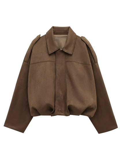 Cralom Lapel Zipper Jacket Women Long Sleeve Patchwork Coat