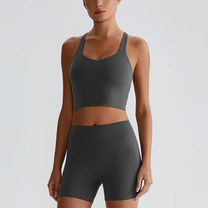 Cralom Naked Feel Yoga Set: Backless Top & Peach Booty Shorts