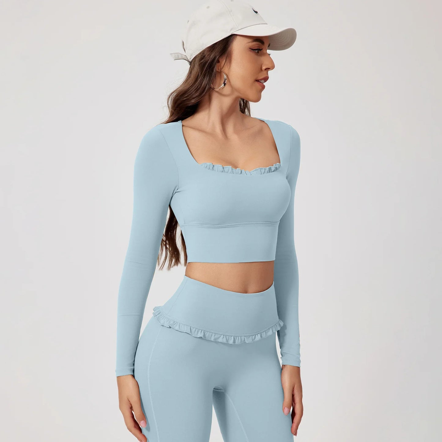 Cralom Fitness Long Sleeve Square Neck Yoga Top Gym Sportswear