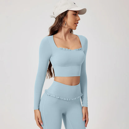 Cralom Fitness Long Sleeve Square Neck Yoga Top Gym Sportswear