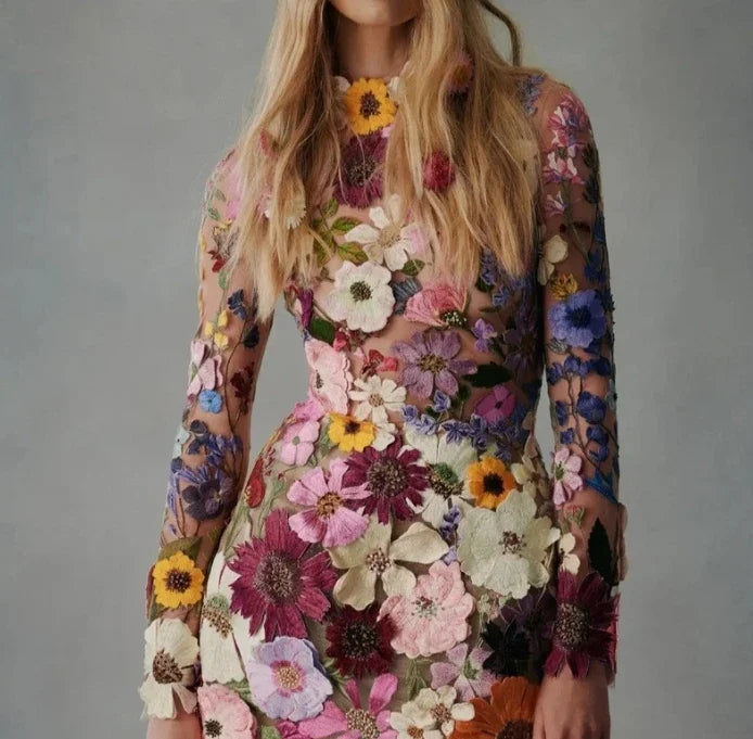 Cralom Spring 2024 3D Flower Lace Embroidery Mesh Mini Dress
