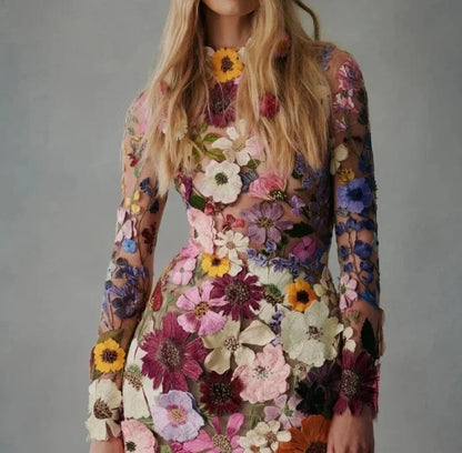 Cralom Spring 2024 3D Flower Lace Embroidery Mesh Mini Dress