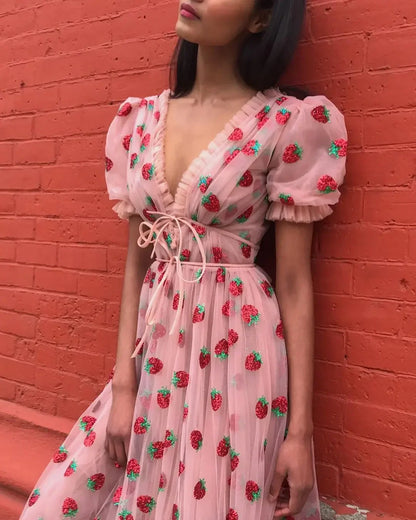 Cralom Strawberry Ruffles Tulle Dress Pink Puff Sleeve Cocktail Party Dress
