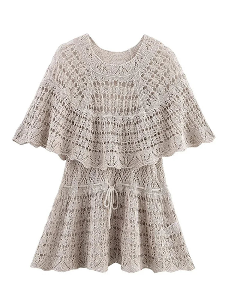 Cralom Hollow Out Ruffles Knit Sweater - High Waist Drawstring O-neck Top