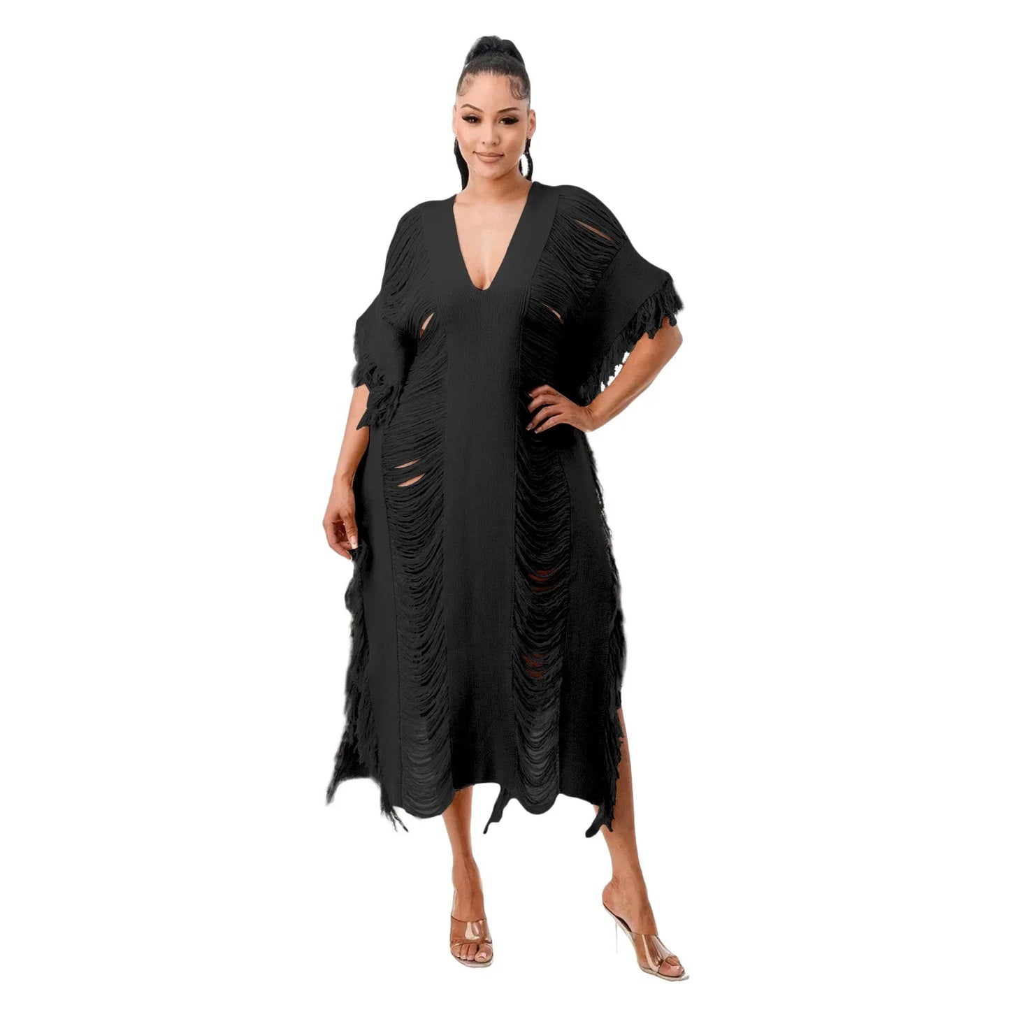 Cralom Women's Tassel Knit Midi Dress Beach Holiday Party Dress