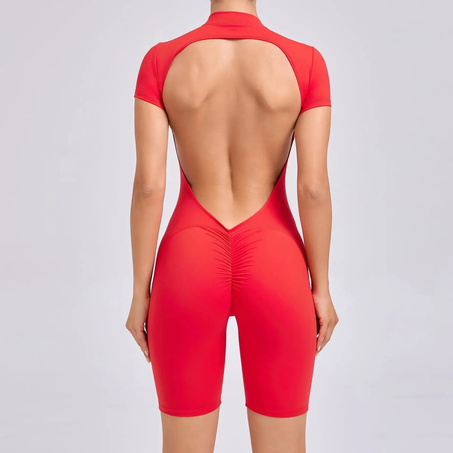 Cralom Backless Zipper Yoga Bodysuit: Short Sleeve Gym Activewear for Running & Workout