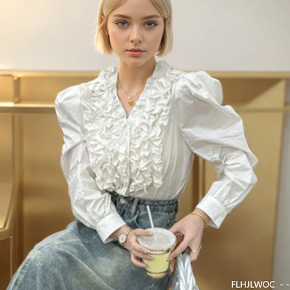 Cralom 2024 Autumn Chic White Button Blouse Solid Korea Fashion Tops.