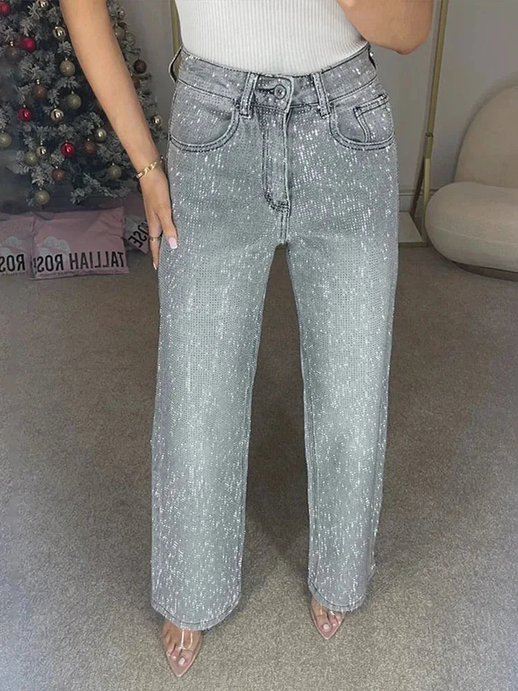 Cralom High Waist Rhinestone Straight Jeans | Streetwear Fashion Women's Denim