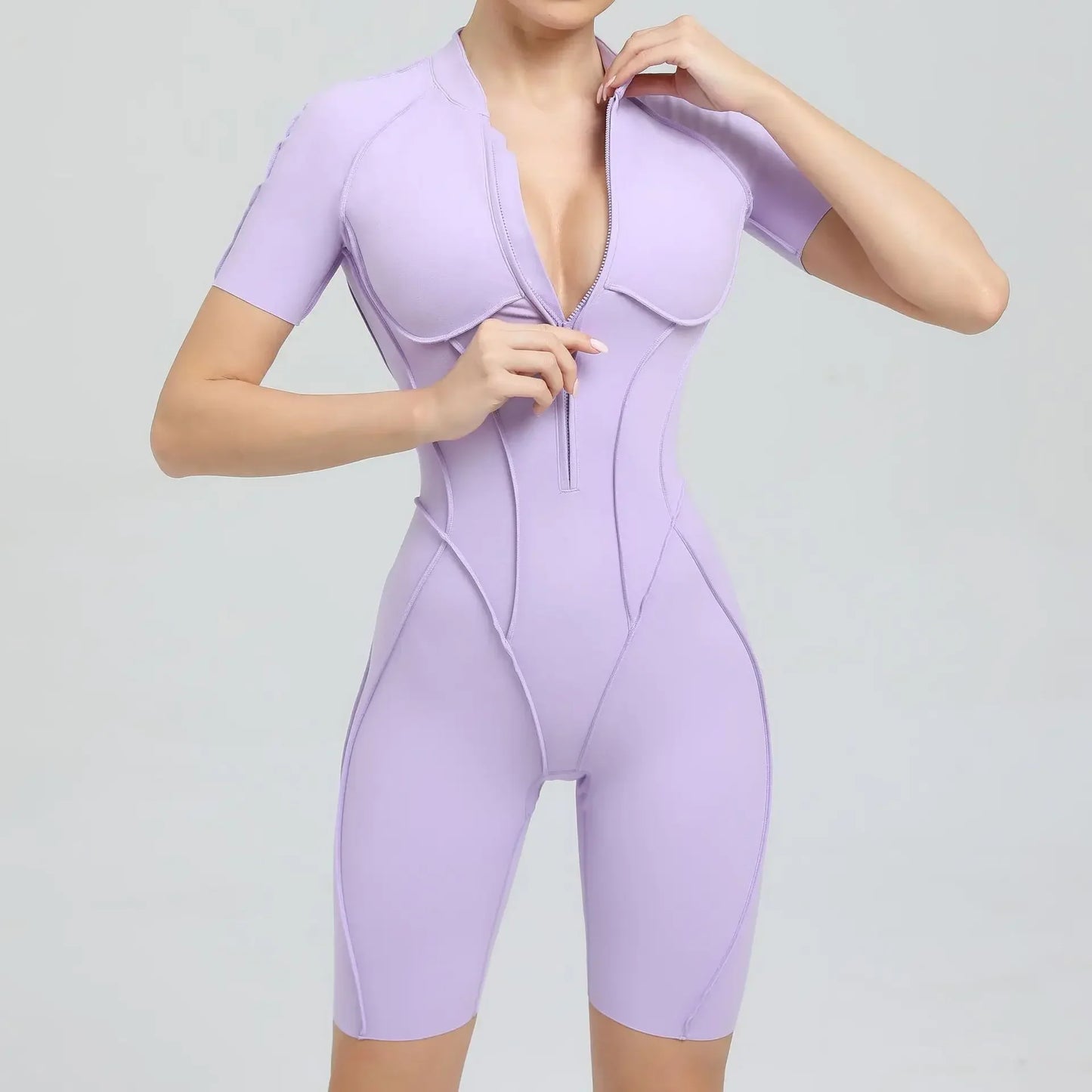 Cralom Zip Front Short Sleeve Jumpsuit - Summer Workout Activewear