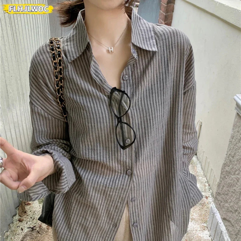 Cralom Striped Boyfriend Shirt: Lazy Korea Style Retro Loose Button Long Sleeve Blouse