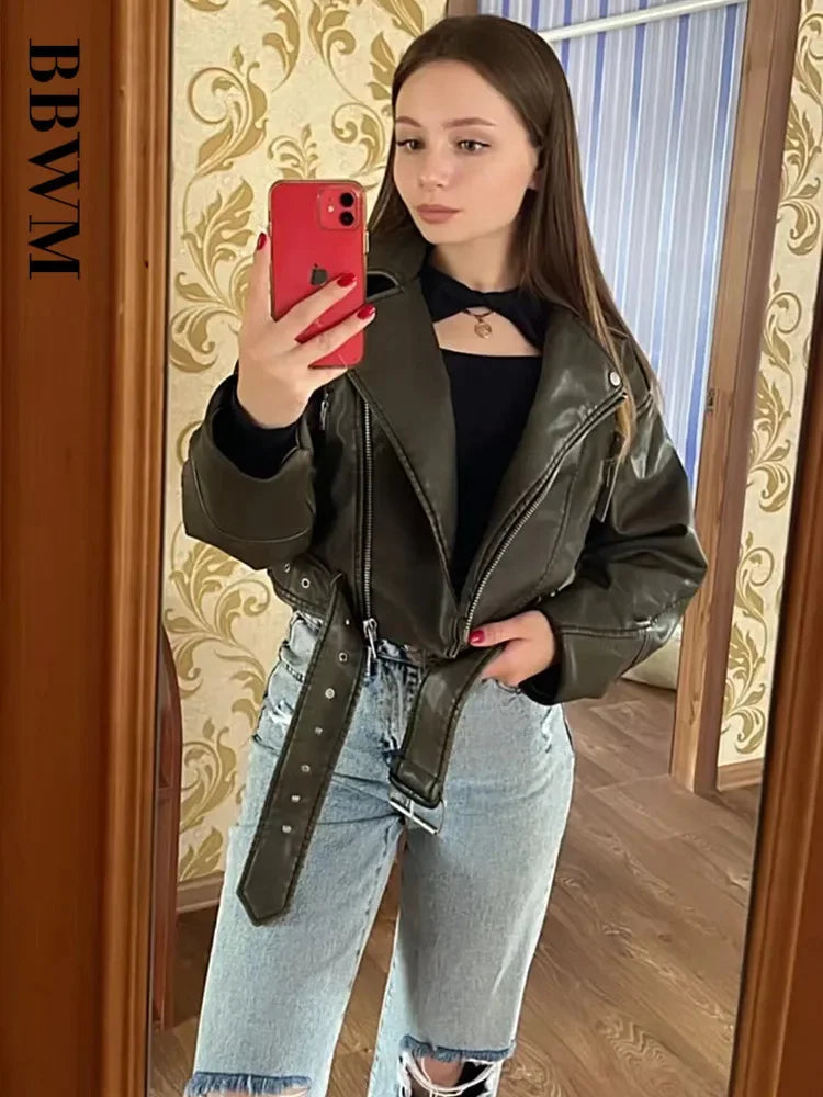 Cralom Oversized Vintage Faux Leather Jacket with Belt & Zipper – Retro Moto Biker Coat